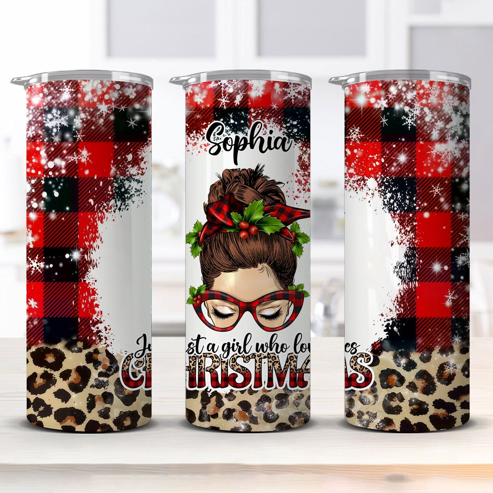 Just A Girl Who Loves Christmas Messy Bun Red Plaid And Leopard Pattern Personalized Skinny Tumbler VTX13NOV23TP1 Skinny Tumbler HumanCustom - Unique Personalized Gifts Made Just for You 