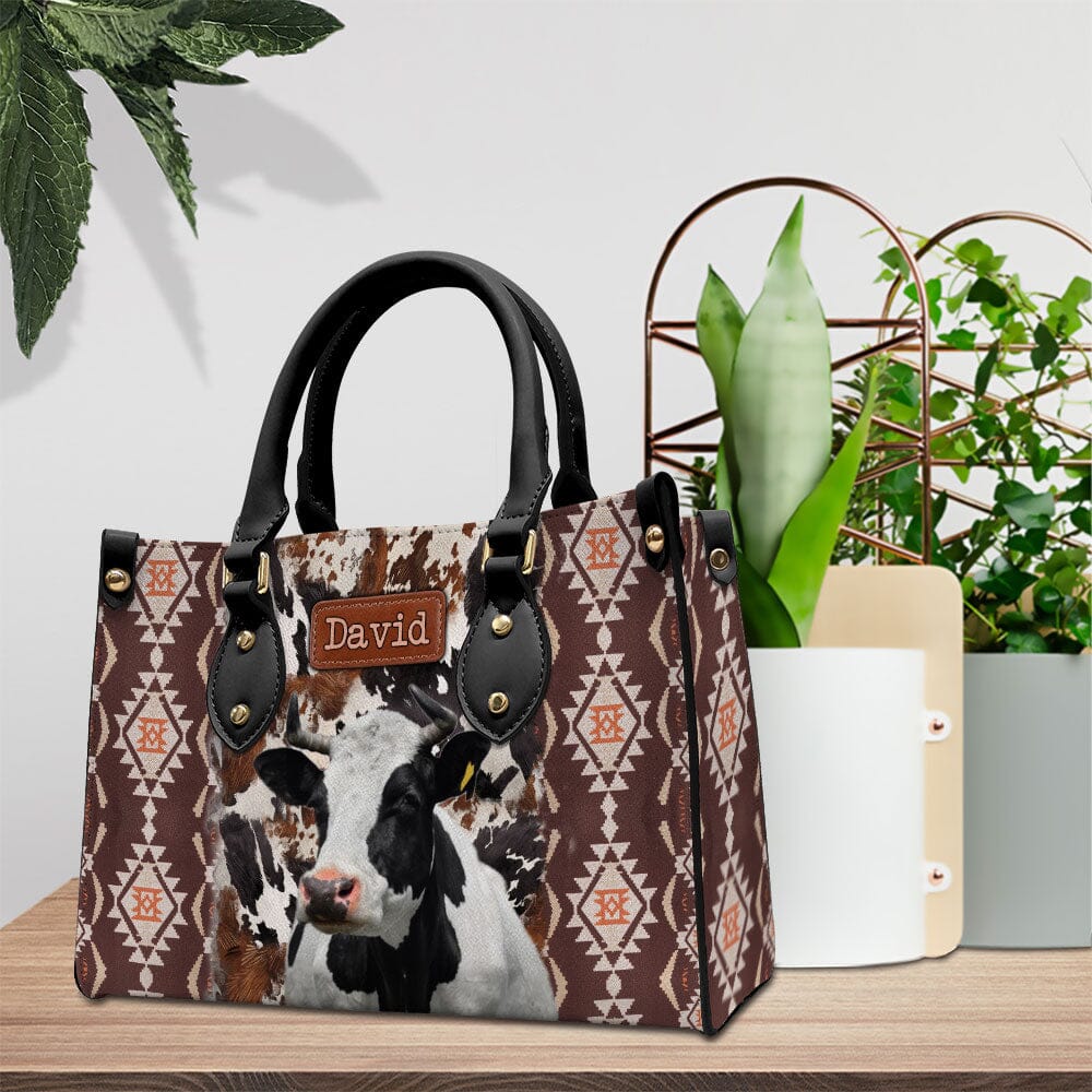 Retro Country Farm Love Cows Cattle Southwestern Cowhide Pattern Personalized Leather Handbag LPL08DEC23TP1 Leather Handbag HumanCustom - Unique Personalized Gifts Made Just for You 