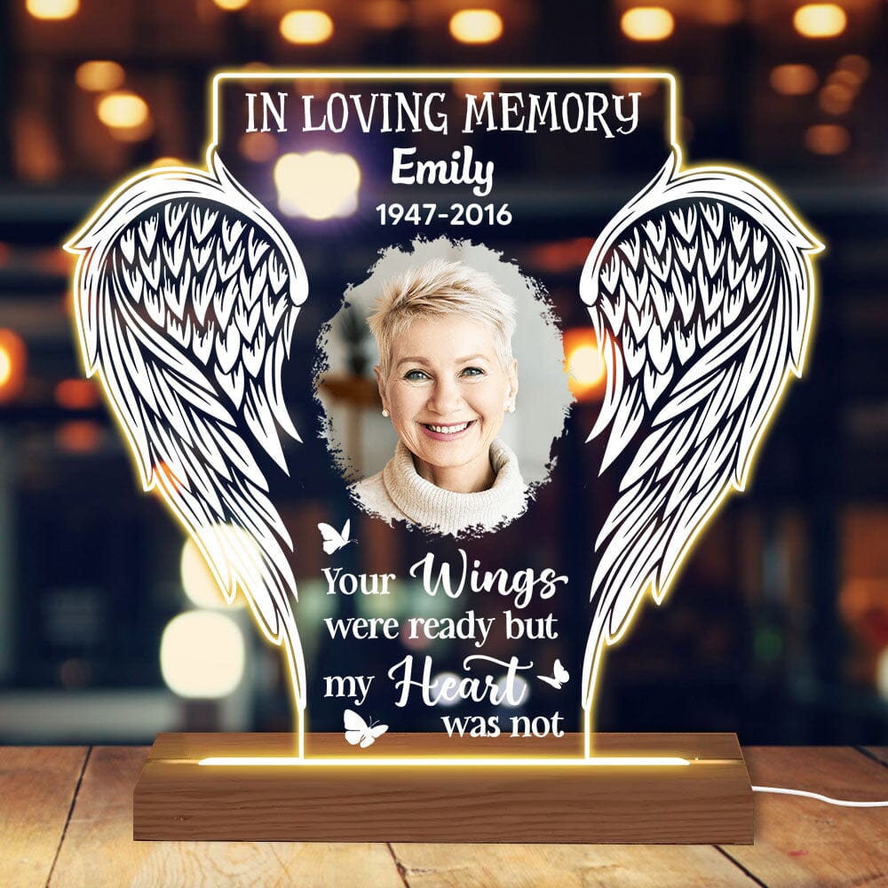 In Loving Memory Upload Photo, Your Wings Were Ready But My Heart Was Not Personalized Acrylic Plaque Led Lamp Night LPL27NOV23TP2 Acrylic Plaque LED Lamp Night Light HumanCustom - Unique Personalized Gifts Made Just for You 