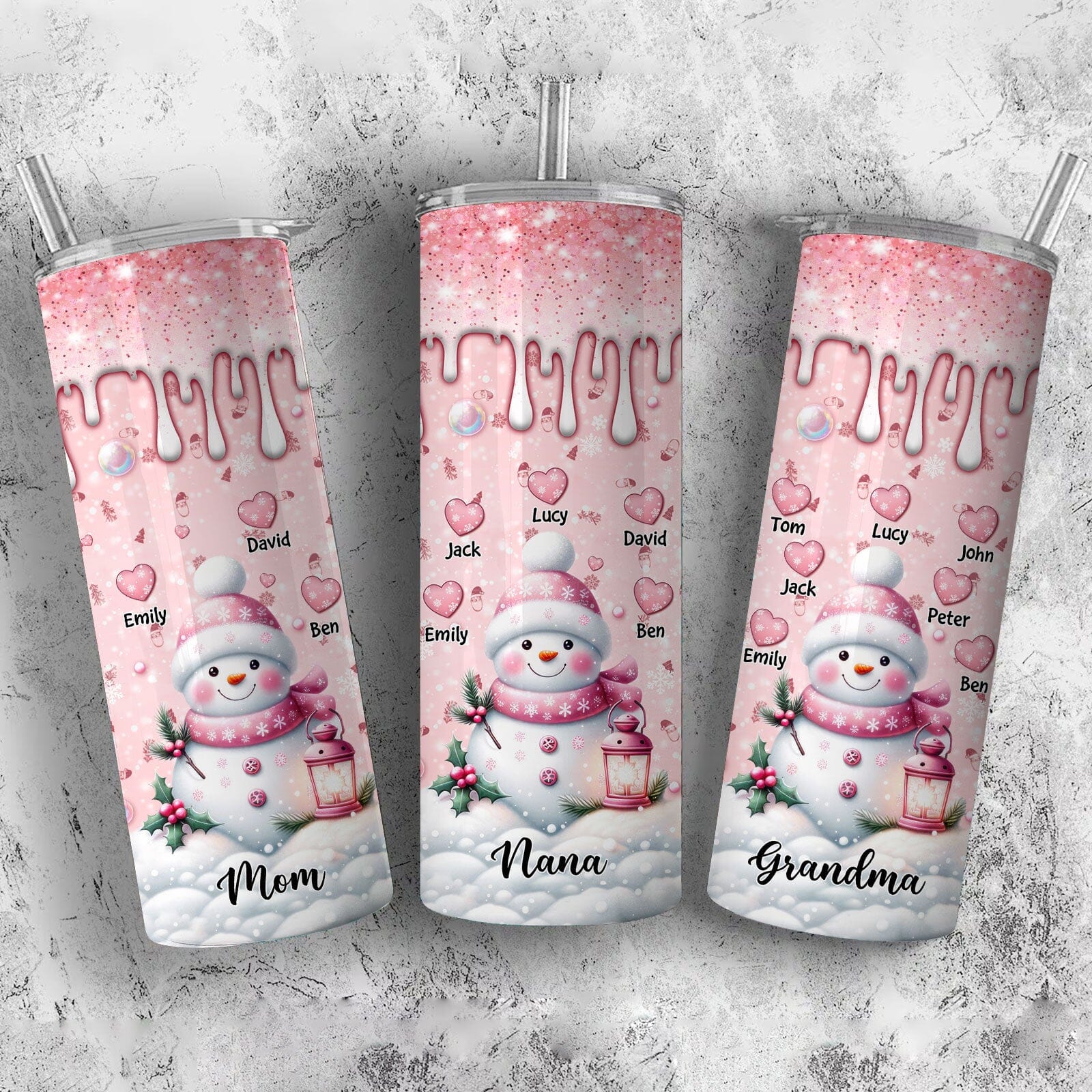 Sparkling Sweet Pinky Snowman Grandma Mom Heart Kids Personalized Skinny Tumbler LPL01NOV23TP1 Skinny Tumbler HumanCustom - Unique Personalized Gifts Made Just for You 