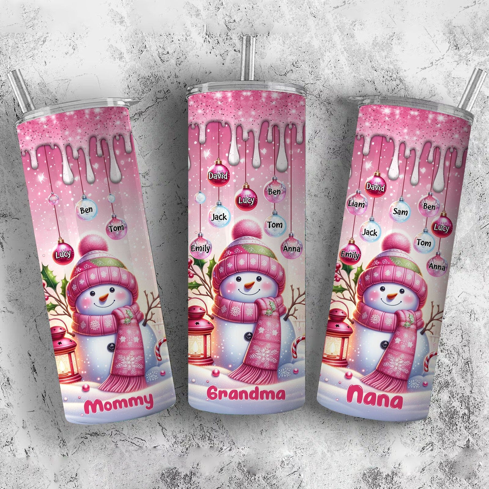 Pinky Glitter Christmas Snowman Grandma Mommy Hanging Snowball Kids Personalized Tumbler LPL06NOV23TP2 Skinny Tumbler HumanCustom - Unique Personalized Gifts Made Just for You 