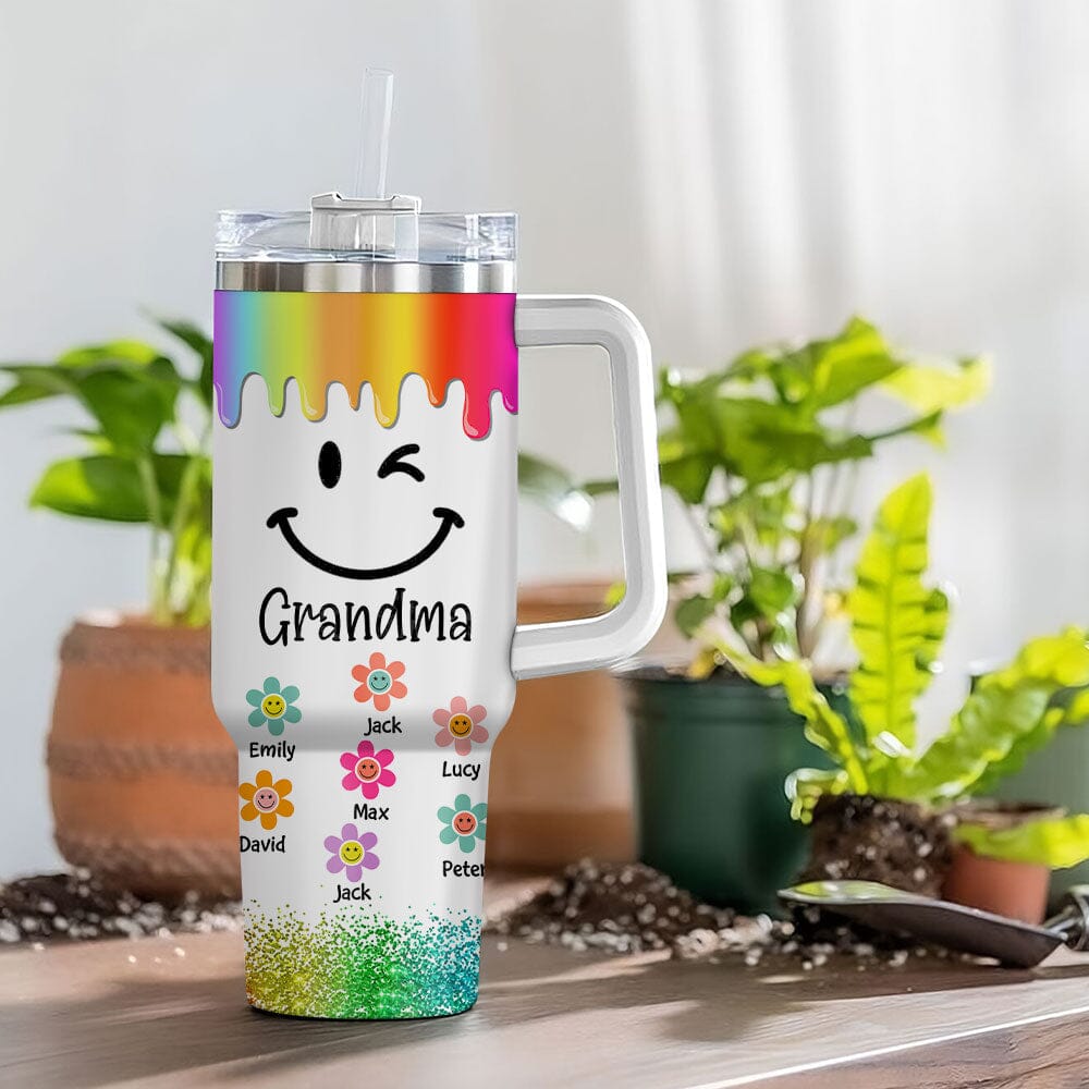 Grandma Mom Smile Face Flower Kids Personalized Tumbler With Straw LPL29NOV23TP3 Tumbler With Straw HumanCustom - Unique Personalized Gifts Made Just for You 