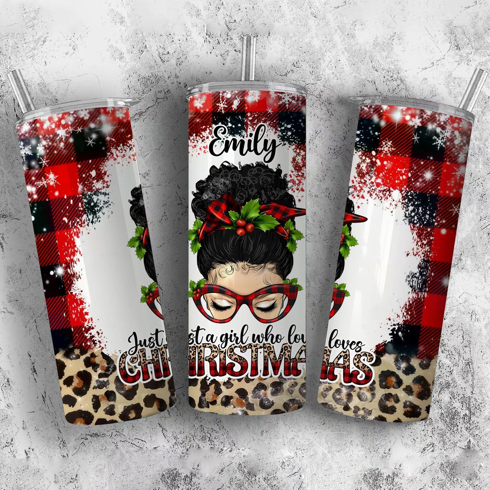 Just A Girl Who Loves Christmas Messy Bun Red Plaid And Leopard Pattern Personalized Skinny Tumbler VTX13NOV23TP1 Skinny Tumbler HumanCustom - Unique Personalized Gifts Made Just for You 