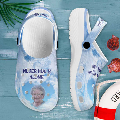 Memorial Upload Image Heaven, Never Walk Alone My Mom Dad Walks With Me Personalized Clogs LPL13JUL23TP3