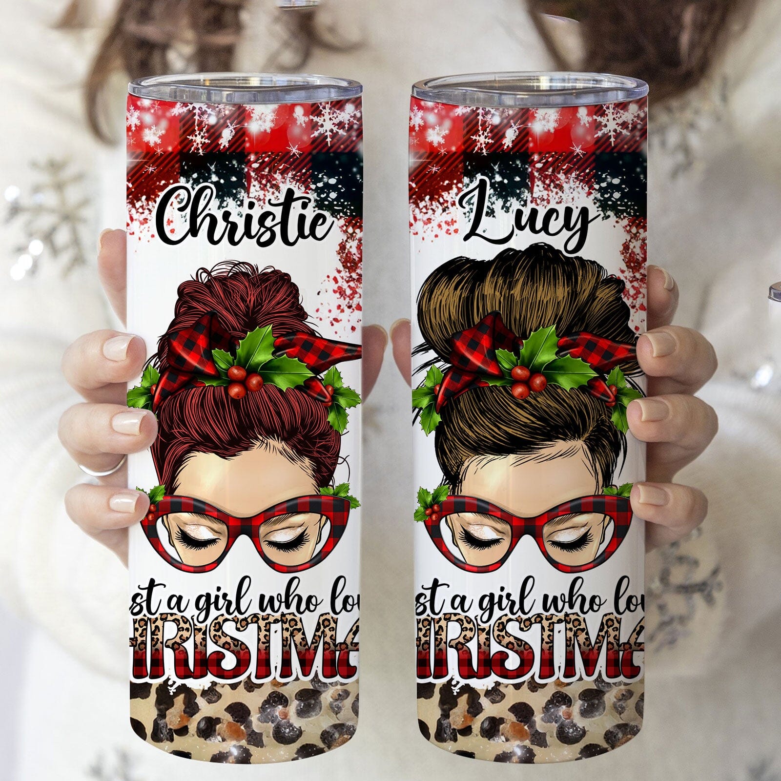 Just A Girl Who Loves Christmas Messy Bun Red Plaid And Leopard Pattern Personalized Skinny Tumbler VTX13NOV23TP1 Skinny Tumbler HumanCustom - Unique Personalized Gifts Made Just for You 