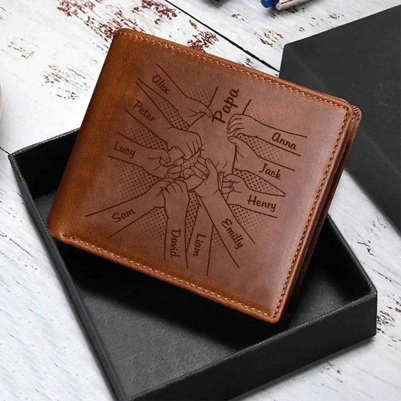 Personalized Hands Clenched Custom Father And Kid Names Gift for Dad Laser Leather Wallet