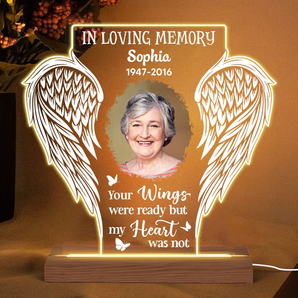 In Loving Memory Upload Photo, Your Wings Were Ready But My Heart Was Not Personalized Acrylic Plaque Led Lamp Night LPL27NOV23TP2 Acrylic Plaque LED Lamp Night Light HumanCustom - Unique Personalized Gifts Made Just for You 