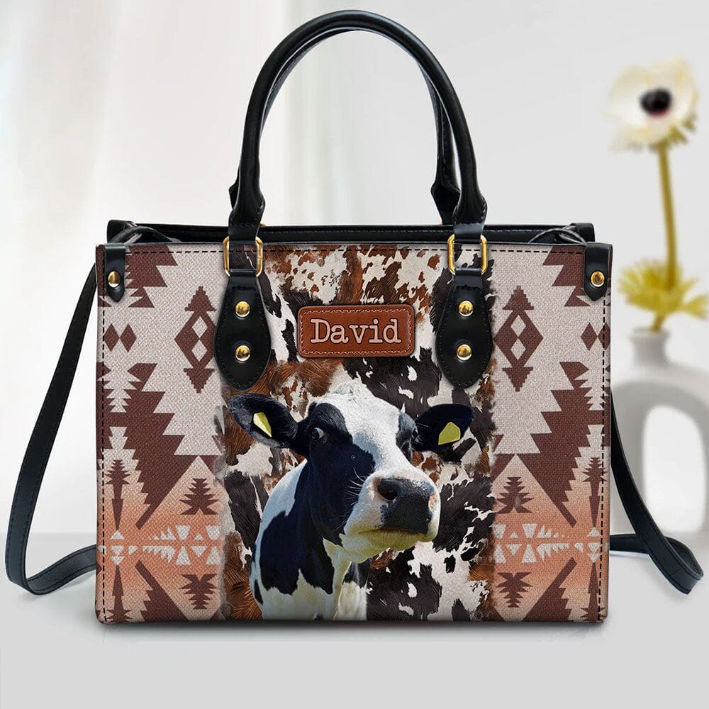 Retro Country Farm Love Cows Cattle Southwestern Cowhide Pattern Personalized Leather Handbag LPL08DEC23TP1 Leather Handbag HumanCustom - Unique Personalized Gifts Made Just for You 