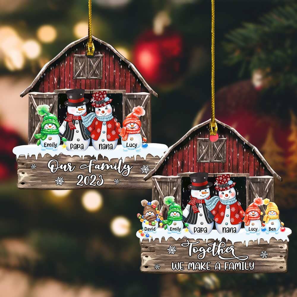 Christmas Family Snowman Nana Papa Dad Mom Kid At Red Barn, Together We Make A Family Personalized Ornament LPL20OCT23TP1 Wood Custom Shape Ornament HumanCustom - Unique Personalized Gifts Made Just for You 