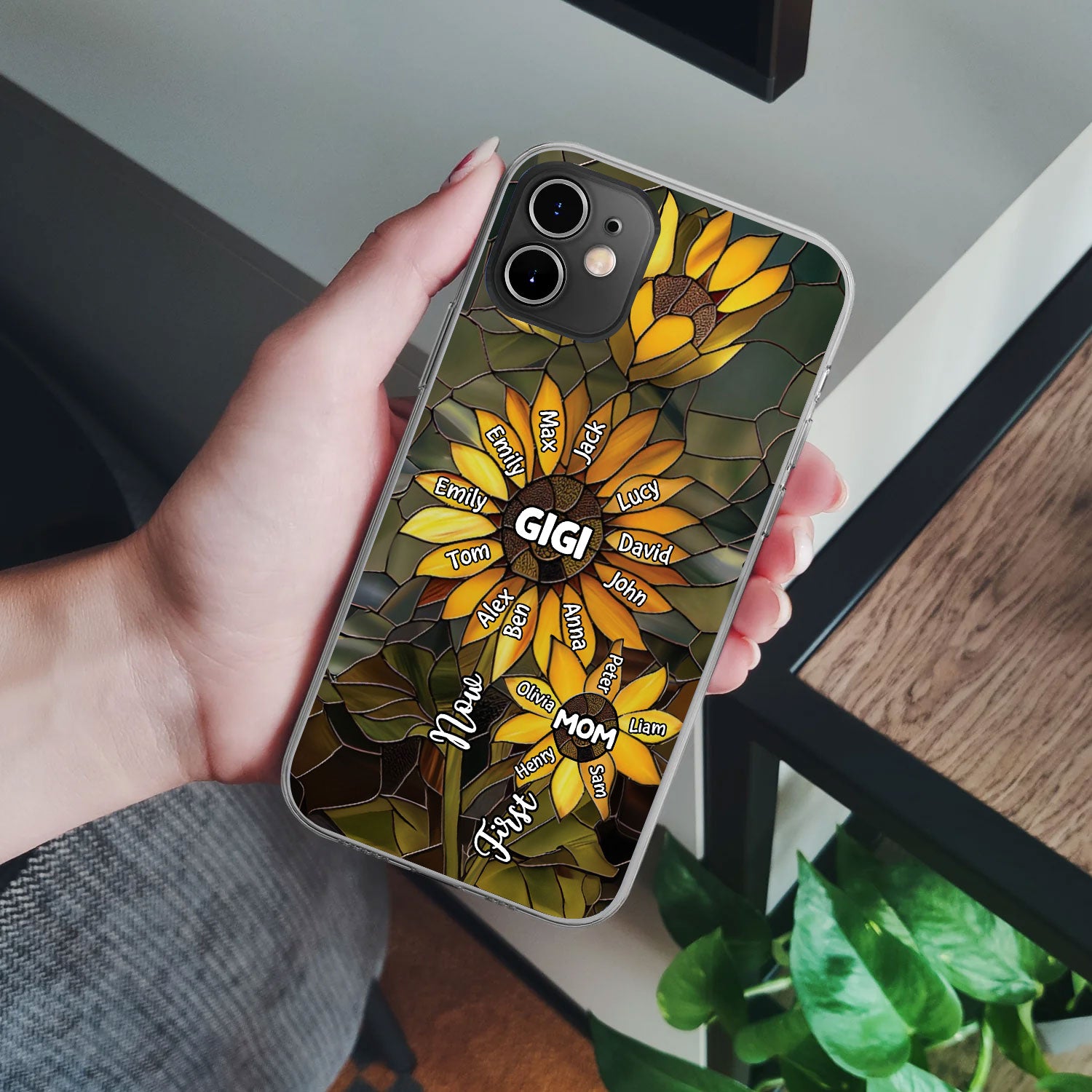 First Mom Now Grandma Sunflower Enter Kid Names Personalized Glass Phone Case NTK24JUN24TP2