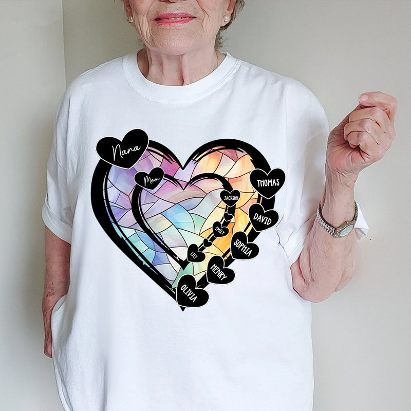 Heart In Heart Grandma Mom Kid Names Stained Glass Pattern Personalized T-shirt