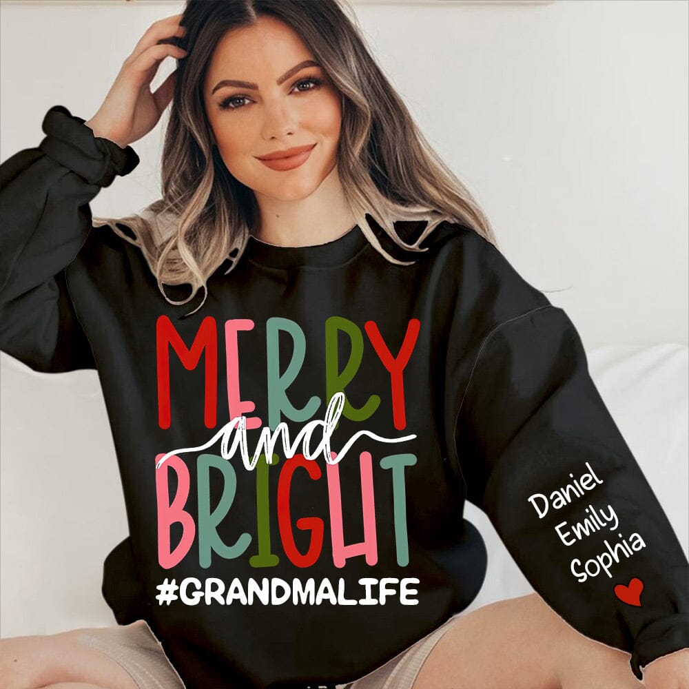 Merry And Bright Christmas Grandma With Grandkids Name Personalized Sweatshirt HTN03NOV23NY1 2d sweatshirt HumanCustom - Unique Personalized Gifts Made Just for You Sweatshirt S Black