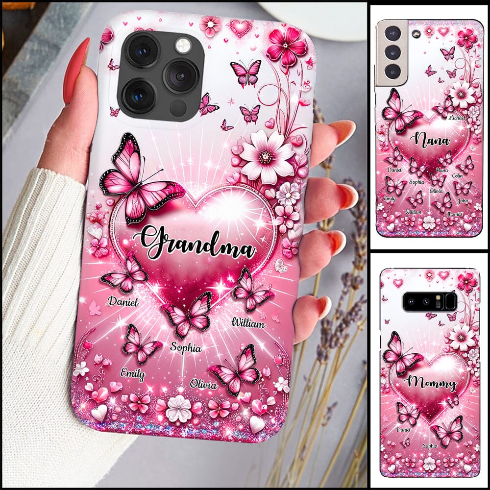 Sparkling Pink Butterflies And Flowers Personalized Silicone Phone Case For Grandma Mom VTX08DEC23NY2 Silicone Phone Case HumanCustom - Unique Personalized Gifts Made Just for You Iphone iPhone 15 