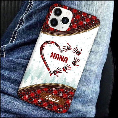 Christmas Grandma Mom Heart Handprint Kids, Leather Zipper Texture Personalized Phone Case LPL30OCT23NY1 Silicone Phone Case HumanCustom - Unique Personalized Gifts Made Just for You Iphone iPhone 15