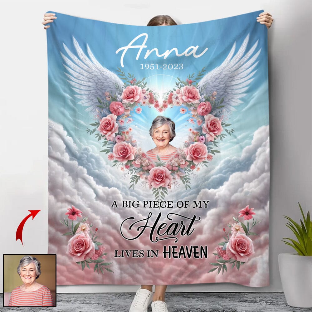 Personalized Angel Wings Memorial Blanket Custom Photo - A Big Piece Of My Heart Lives In Heaven - NTD14DEC23NY2 Fleece Blanket HumanCustom - Unique Personalized Gifts Made Just for You 