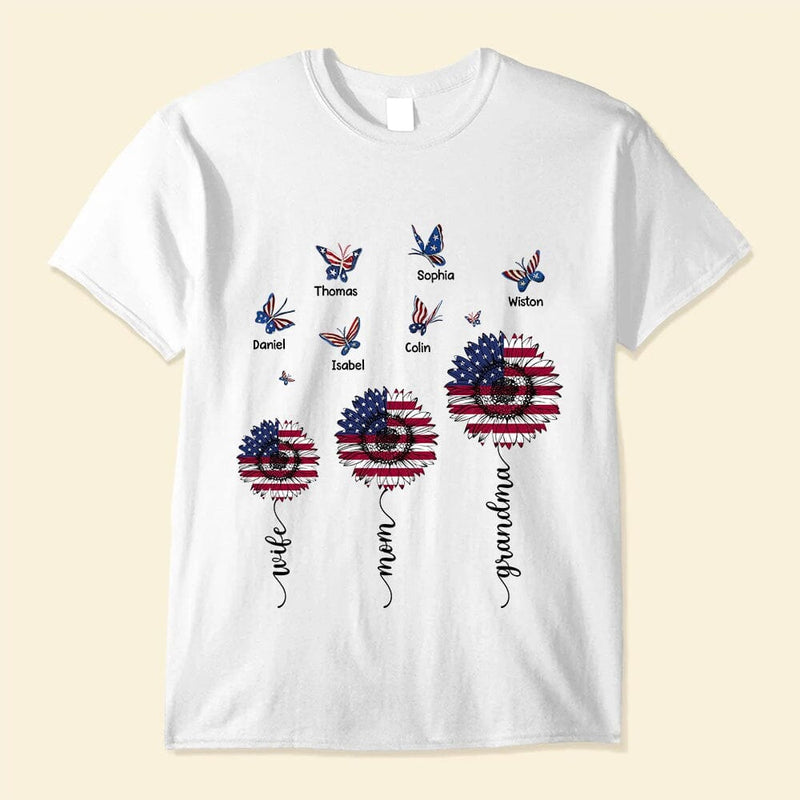 4th of July American Flag Sunflower Wife Mom Grandma Butterfly Kids Personalized T-Shirt