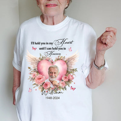 Memorial Upload Image Pinky Heart Wings Flower, I'll Hold You In My Heart Until I Can Hold You In Heaven Personalized Shirt LPL06MAY24NY2