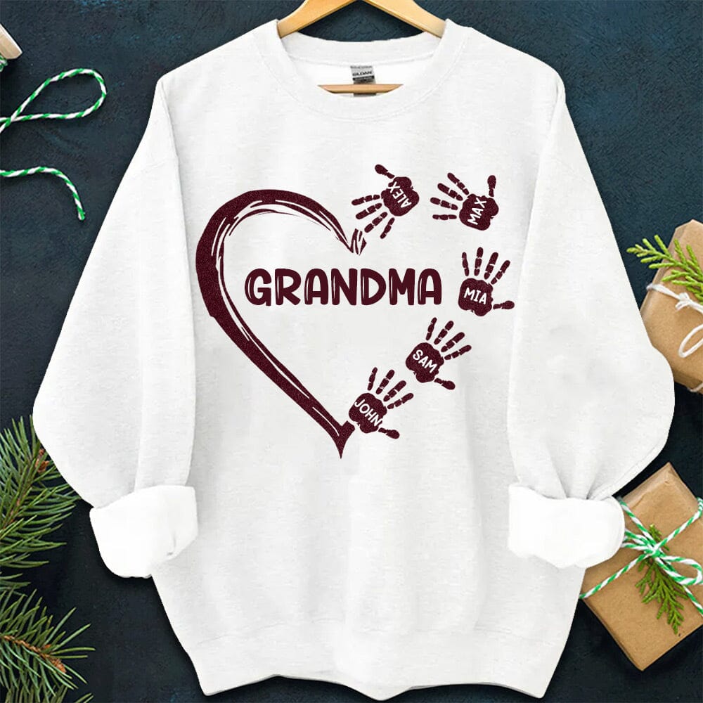 Grandma Mom Heart Kids' Handprints Custom Names Personalized Sweatshirt NVL23OCT23NY2 White T-shirt and Hoodie HumanCustom - Unique Personalized Gifts Made Just for You 