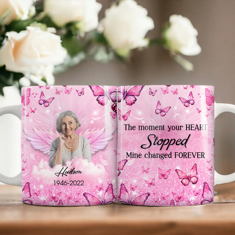 Discover Memorial Pinky Butterfly Wings Upload Photo, Your Wings Were Ready But My Heart Was Not Personalized Mug