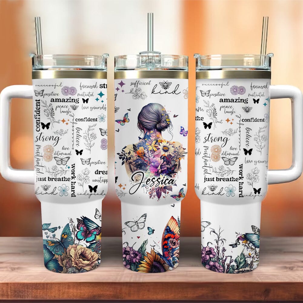 Personalized Girl With Flowers And Butterflies Positive Affirmation 40Oz Tumbler VTX11DEC23NY2 Tumbler With Straw HumanCustom - Unique Personalized Gifts Made Just for You 40OZ 