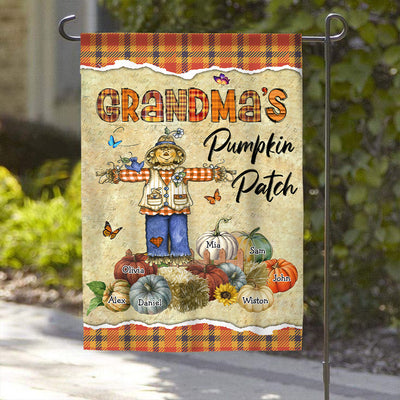 Fall Season Scarecrow Grandma With Pumpkin Kids Personalized House Garden Flag VTX10AUG23NY1