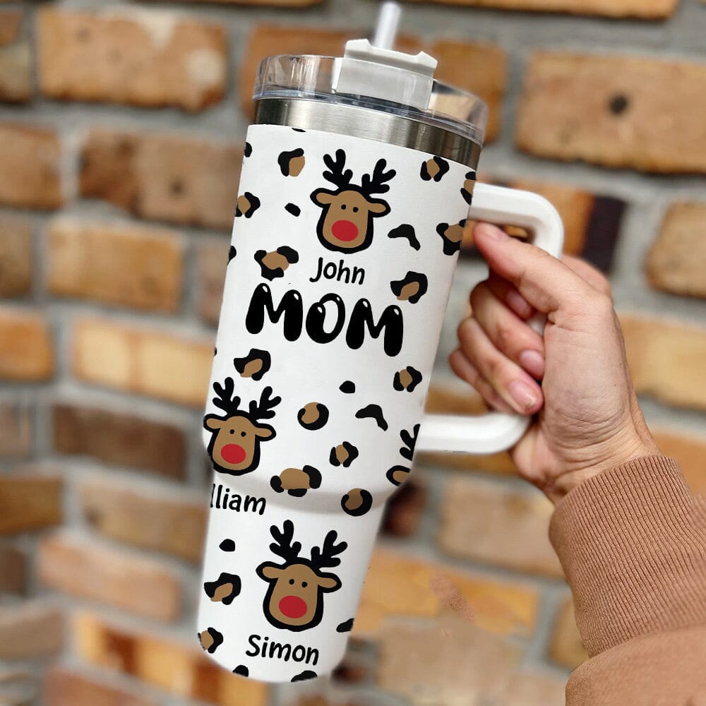 Reindeer Leopard Pattern Personalized 40Oz Tumbler Gift For Grandma Mom VTX11DEC23NY3 Tumbler With Straw HumanCustom - Unique Personalized Gifts Made Just for You 