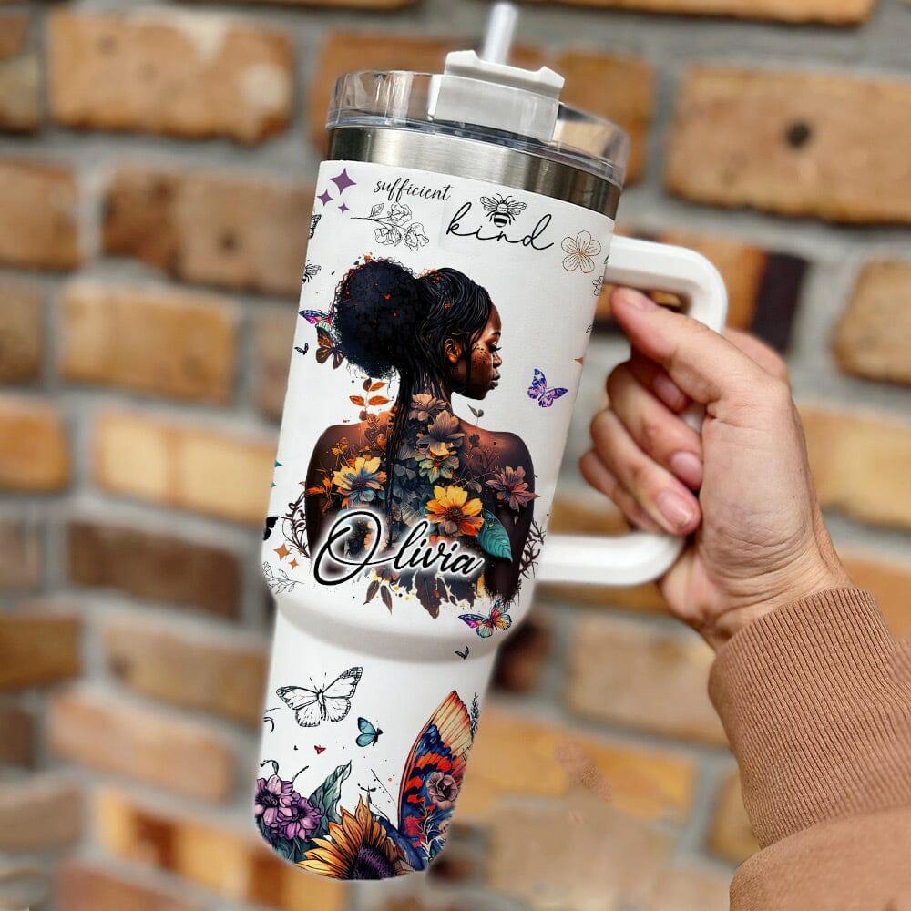 Personalized Girl With Flowers And Butterflies Positive Affirmation 40Oz Tumbler VTX11DEC23NY2 Tumbler With Straw HumanCustom - Unique Personalized Gifts Made Just for You 