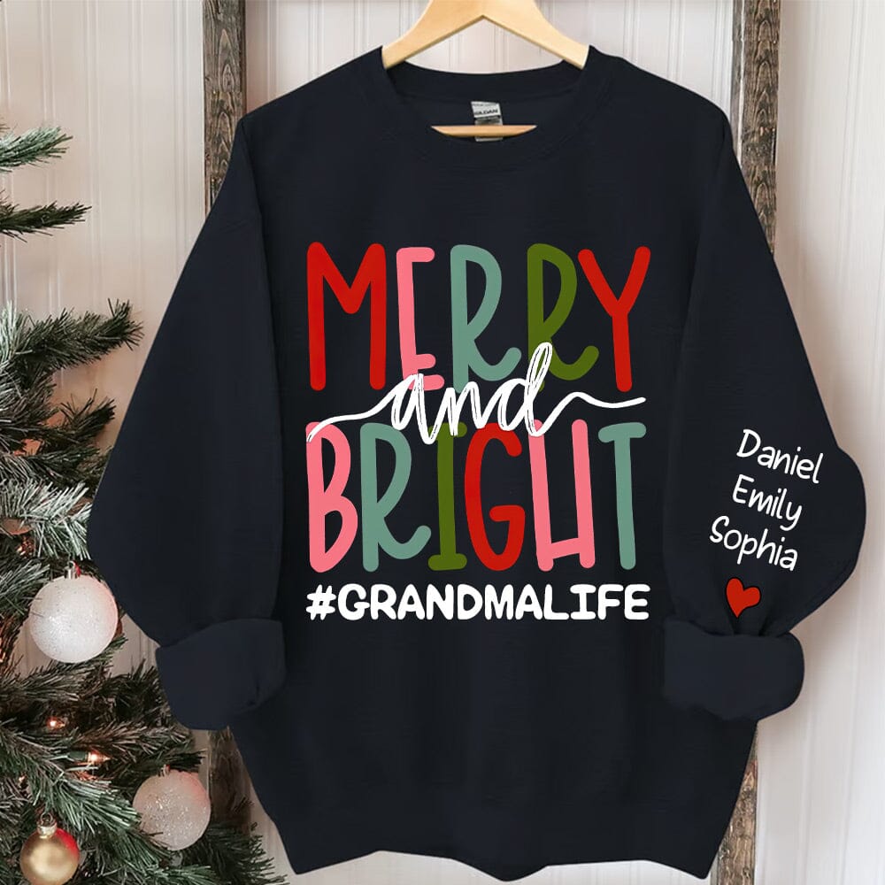 Merry And Bright Christmas Grandma With Grandkids Name Personalized Sweatshirt HTN03NOV23NY1 2d sweatshirt HumanCustom - Unique Personalized Gifts Made Just for You 