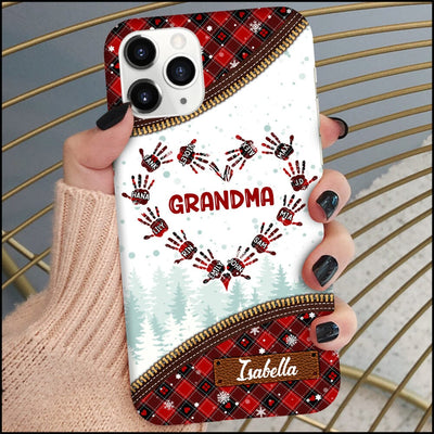 Christmas Grandma Mom Heart Handprint Kids, Leather Zipper Texture Personalized Phone Case LPL30OCT23NY1 Silicone Phone Case HumanCustom - Unique Personalized Gifts Made Just for You