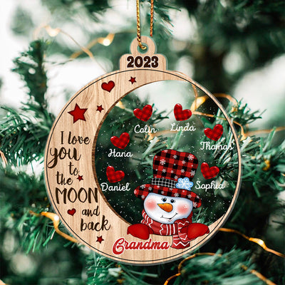 I love you to the moon and back Grandma Snowman love checkered pattern heart grandkids on moon - Personalized acrylic christmas ornament NTA07SEP23NY1