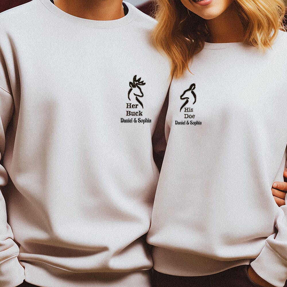 Embroidery Her Buck His Doe Deer Personalized Embroidered Sweatshirts Gift for couples HTN01DEC23NY1 Embroidered Sweatshirt HumanCustom - Unique Personalized Gifts Made Just for You 