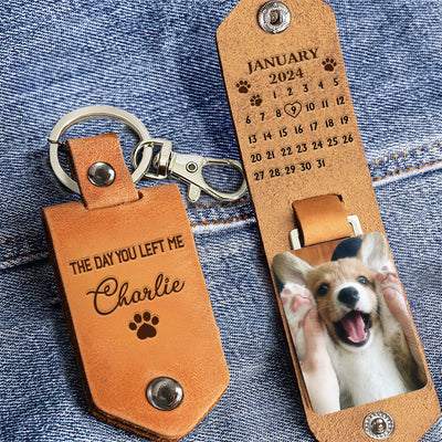 Memorial Calendar Upload Pet Photo Pawprint, The Day You Left Me Personalized Leather Keychain LPL16APR24NY2