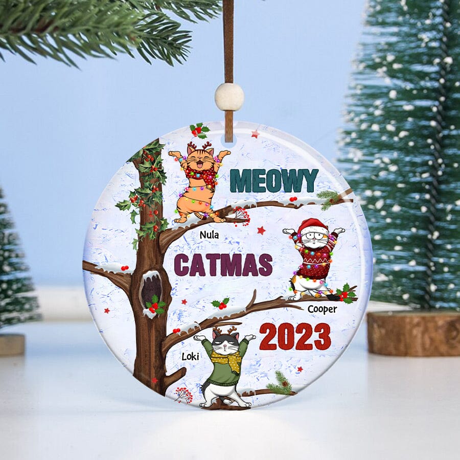 Meowy Catmas Cute Dancing Cat Christmas Tree Personalized Circle Ceramic Ornament Gift for Cat Lovers HTN18OCT23NY2 Circle Ceramic Ornament HumanCustom - Unique Personalized Gifts Made Just for You 