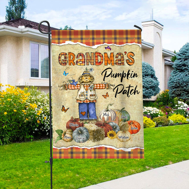 Fall Season Scarecrow Grandma With Pumpkin Kids Personalized House Garden Flag