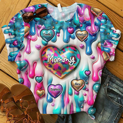 3D Inflated Effect Coloful Sweet Heart Grandma Mom Kids Dripping Background Personalized 3D T-shirt LPL24APR24NY1