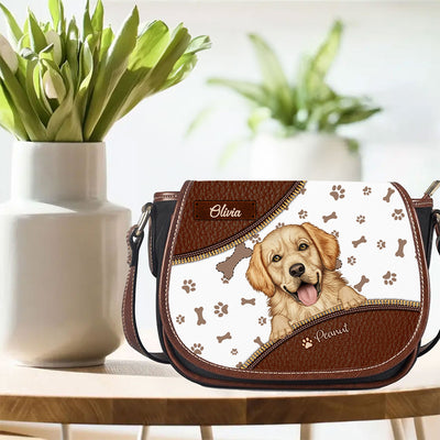Personalized Cute Puppy Pet Dog Lovers Pawprint Leather Zipper Texture Tambourin Bag LPL06APR24NY1