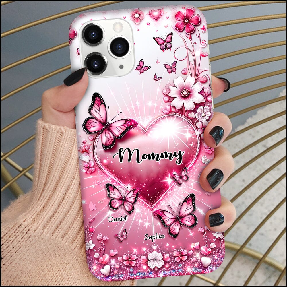 Sparkling Pink Butterflies And Flowers Personalized Silicone Phone Case For Grandma Mom VTX08DEC23NY2 Silicone Phone Case HumanCustom - Unique Personalized Gifts Made Just for You 