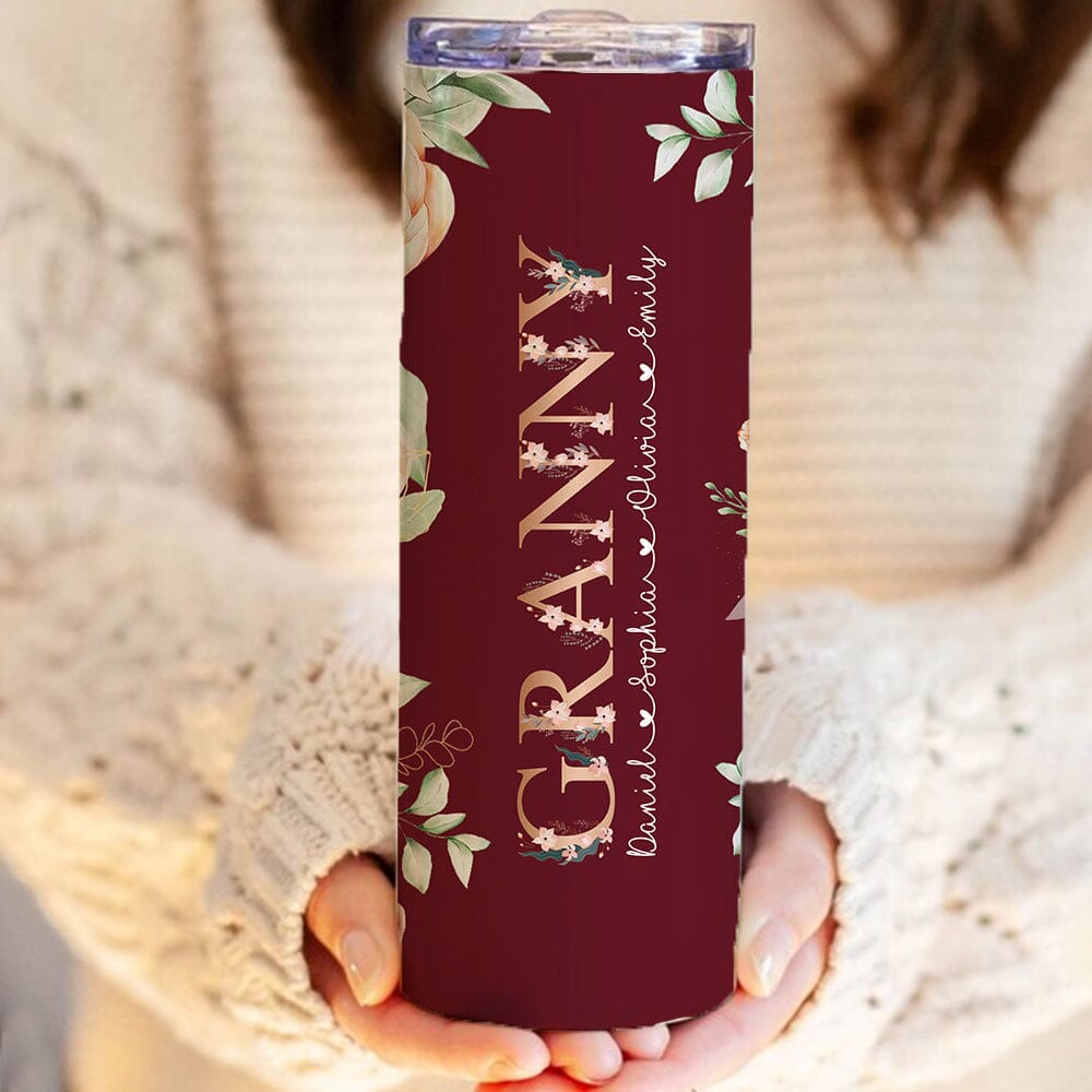 Personalized Floral Skinny Tumbler With Kids' Names Gift For Grandma Mom VTX29NOV23NY1 Skinny Tumbler HumanCustom - Unique Personalized Gifts Made Just for You 