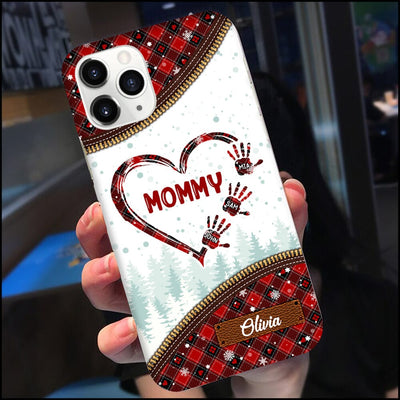 Christmas Grandma Mom Heart Handprint Kids, Leather Zipper Texture Personalized Phone Case LPL30OCT23NY1 Silicone Phone Case HumanCustom - Unique Personalized Gifts Made Just for You