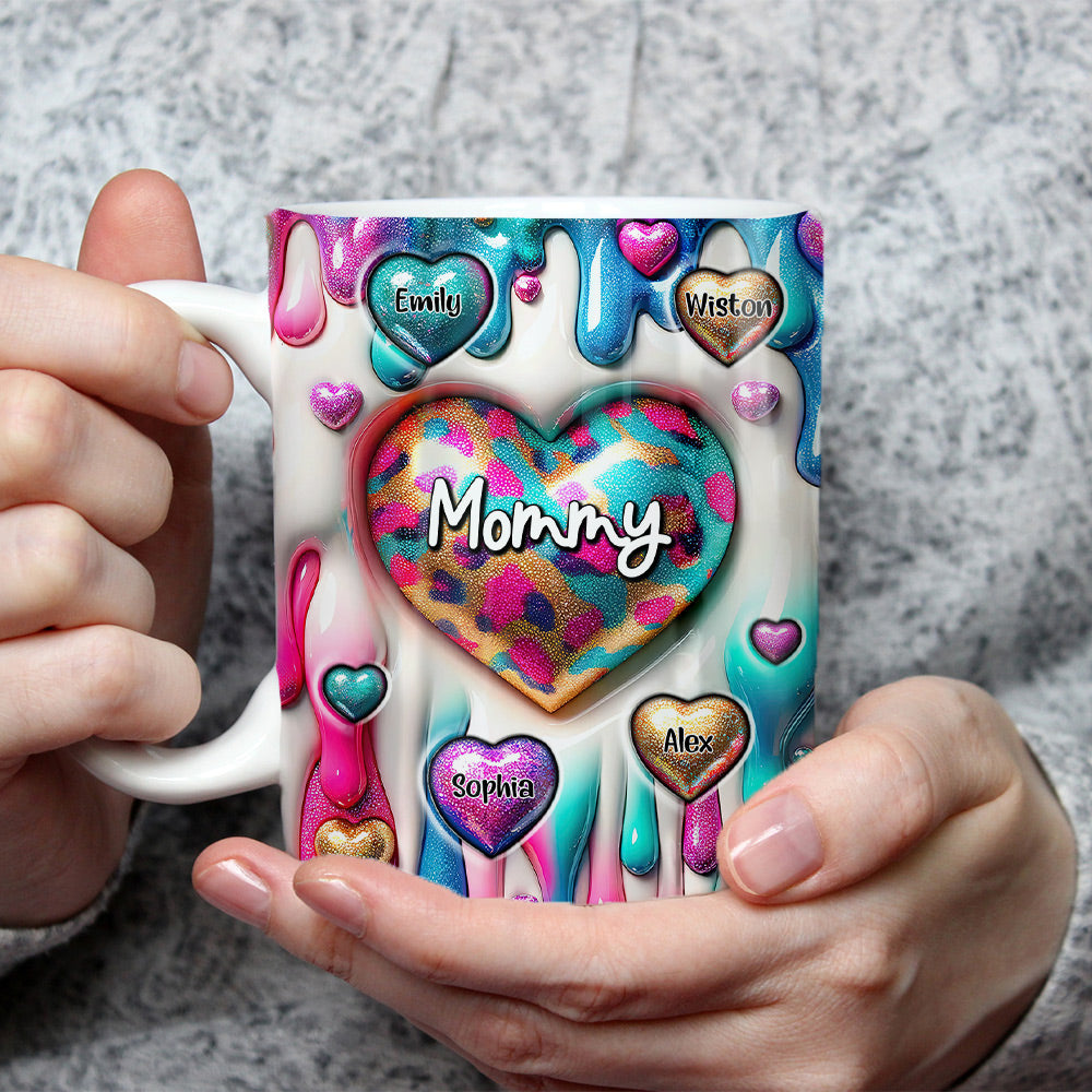 3D Inflated Effect Coloful Sweet Heart Grandma Mom Kids Dripping Background Personalized Edge-to-Edge Mug LPL06APR24NY2