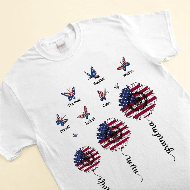 4th of July American Flag Sunflower Wife Mom Grandma Butterfly Kids Personalized T-Shirt