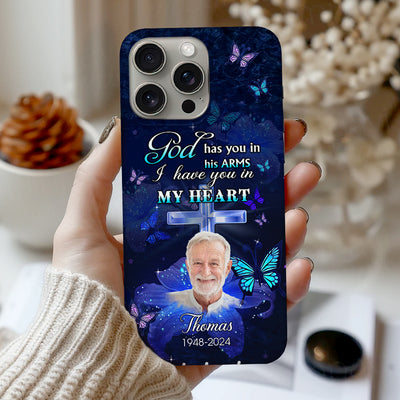 Memorial Upload Photo Floral Cross, God Has You In His Arms I Have You In My Heart Personalized Phone Case LPL26APR24NY1