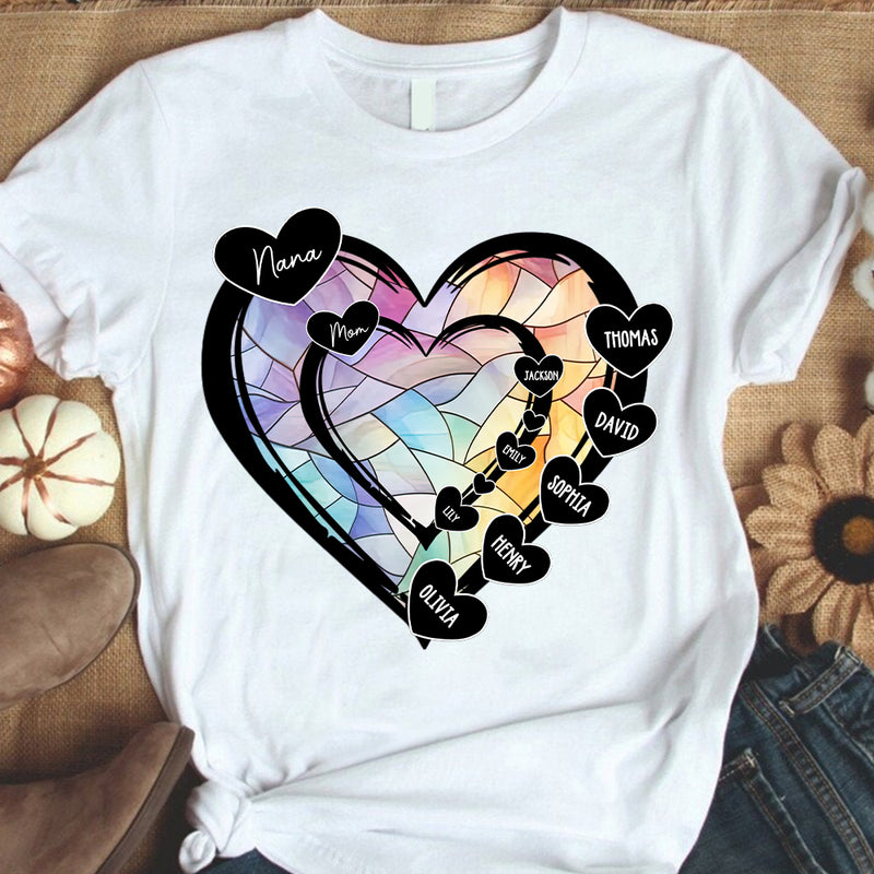 Heart In Heart Grandma Mom Kid Names Stained Glass Pattern Personalized T-shirt