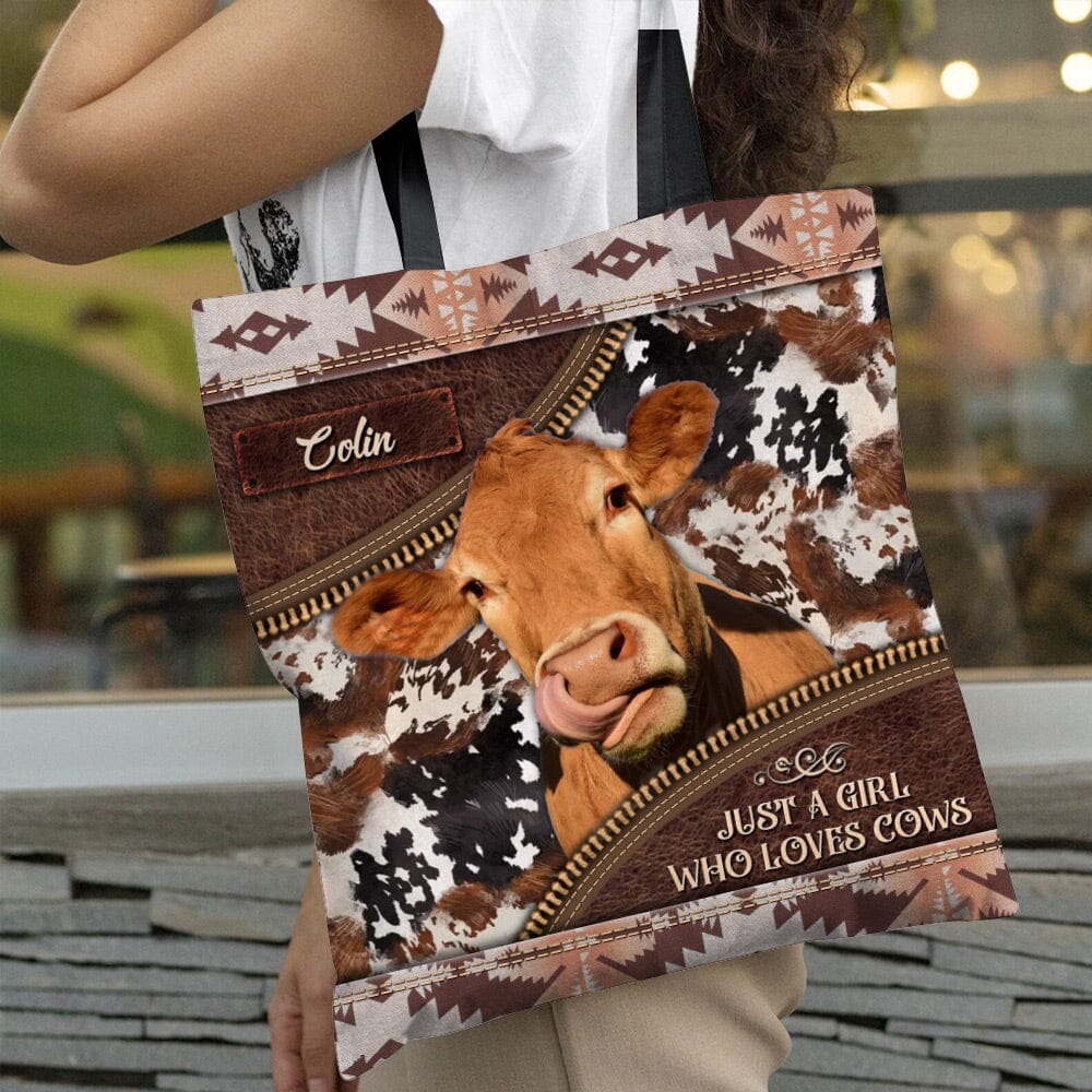 Love Cow Breeds Cattle Farm, Just A Girl Who Love Cows SouthWestern Leather Texture Personalized Tote Bag LPL14DEC23NY1 Tote Bag HumanCustom - Unique Personalized Gifts Made Just for You 