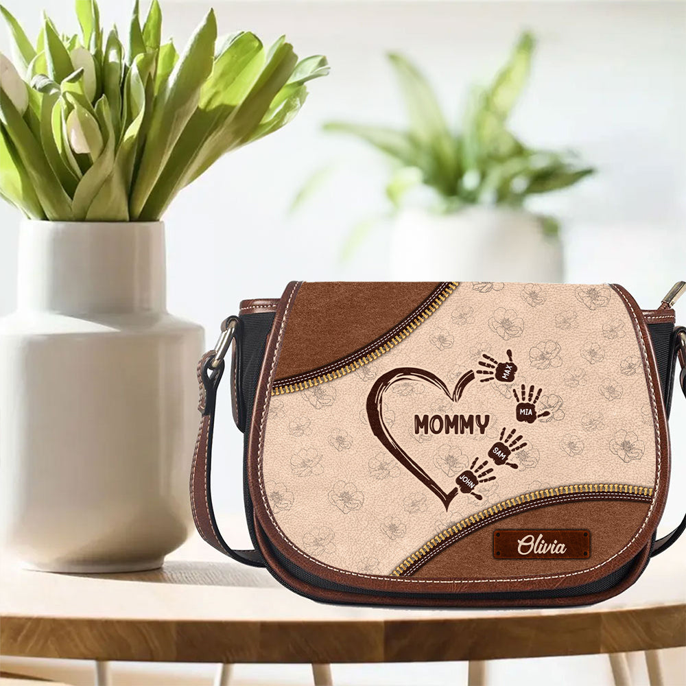 Grandma Mom Heart Kids' Handprints Custom Names Mother's Day Gift Leather Pattern Tambourin Bag With Single Strap HTN04APR24NY1