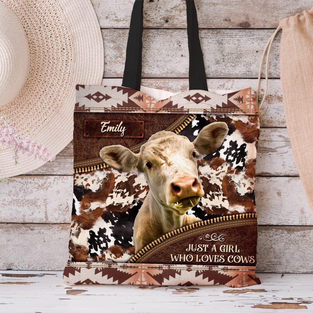 Love Cow Breeds Cattle Farm, Just A Girl Who Love Cows SouthWestern Leather Texture Personalized Tote Bag LPL14DEC23NY1 Tote Bag HumanCustom - Unique Personalized Gifts Made Just for You 