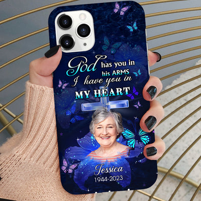 Memorial Upload Photo Floral Cross, God Has You In His Arms I Have You In My Heart Personalized Phone Case LPL26APR24NY1