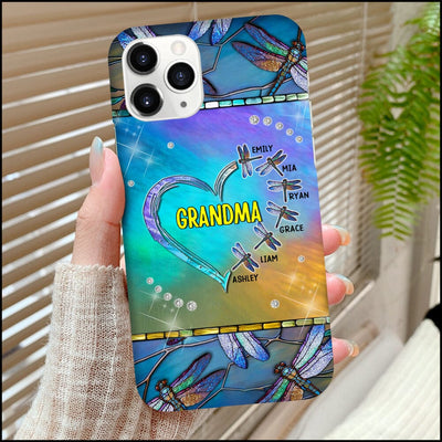 Sparkling Grandma Mom Heart Dragonfly Kids Personalized Glass Phone Case LPL13OCT23NY3 Glass Phone Case HumanCustom New Iphone iPhone 15