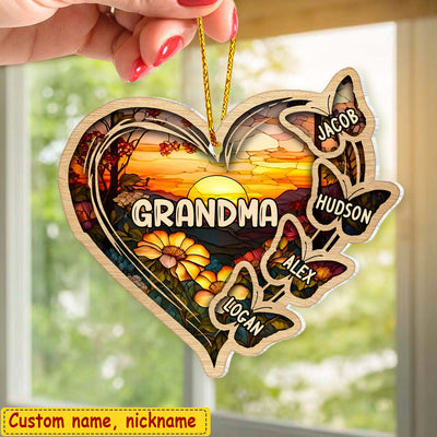 Personalized Christmas Mom Grandma Butterfly Heart Stained Glass Pattern Acrylic Ornament NVL23AUG23CT4