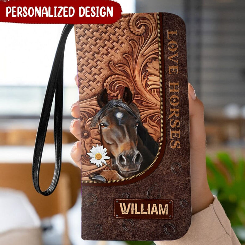 Discover Love Horses Leather Pattern Personalized Leather Long Wallet